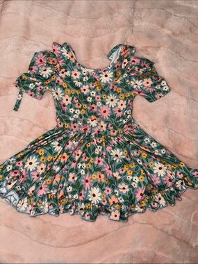 Girls Floral Ruffle Cold-Shoulder Dress in Blue & Pink